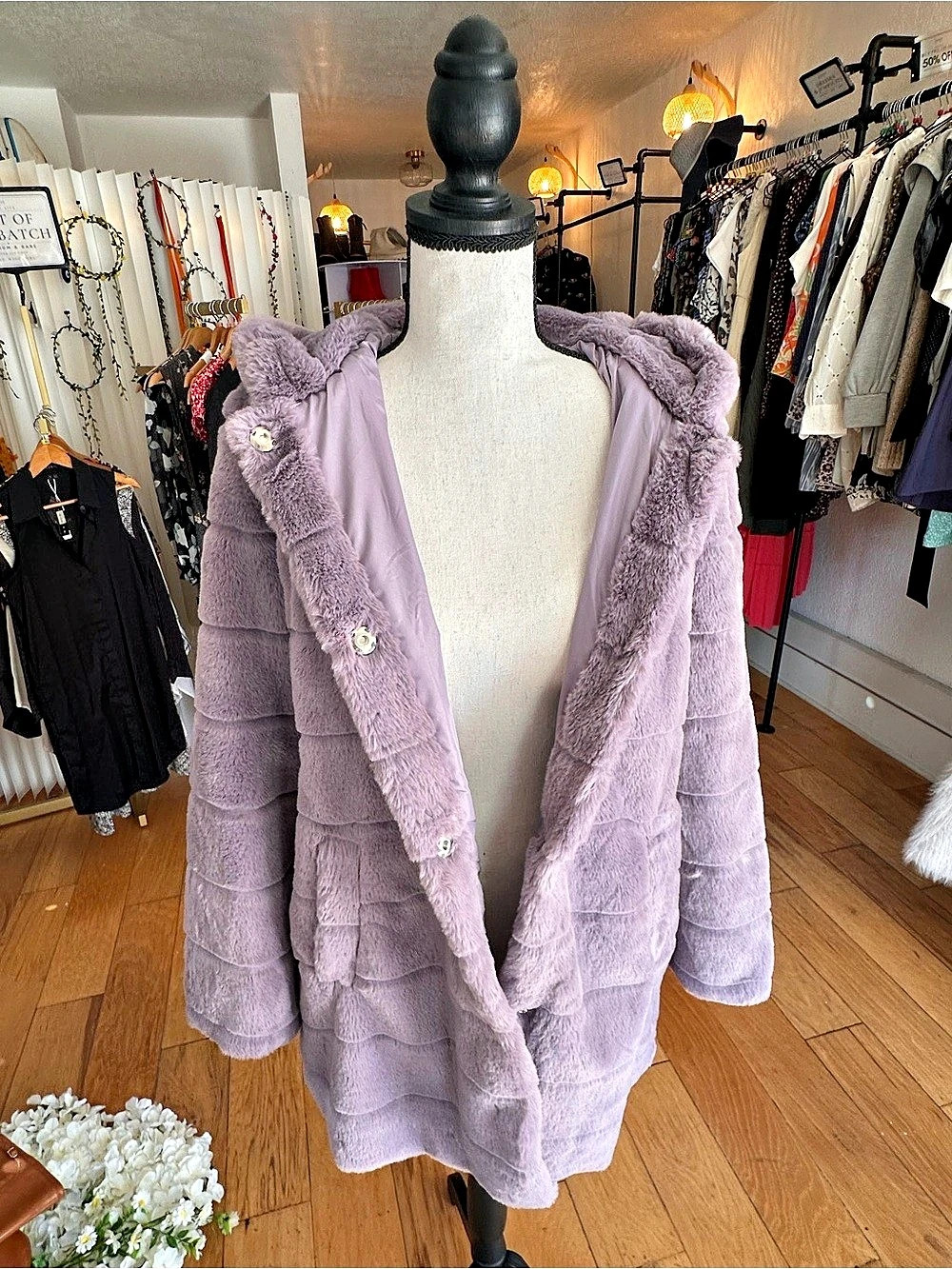Unbranded Lavender Hooded Faux Fur Coat